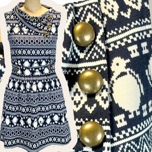 Penguin fair isle dress midi short sleeve asymmetrical cowl neck brass buttons